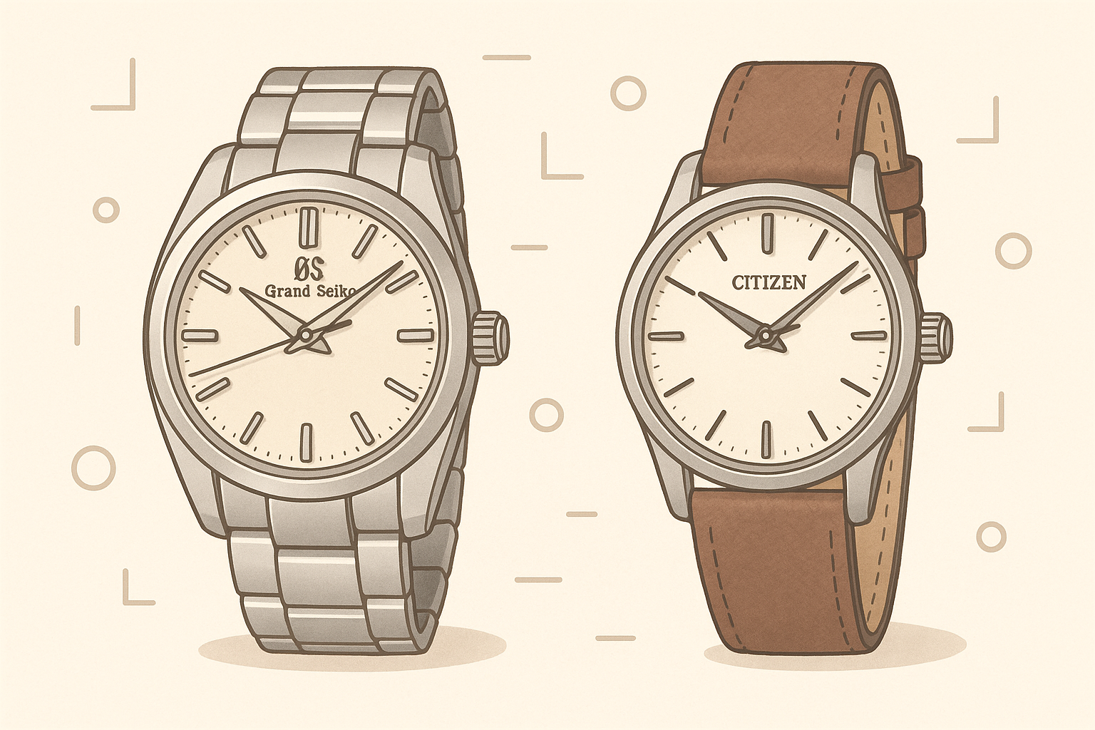 Grand Seiko手表表带不锈钢材质,Citizen手表表带皮革/不锈钢材质,卡通简约风格,扁平化设计,浅色调背景,清晰轮廓线,柔和光影效果,双表带对比展示,工业设计细节,抽象几何元素,低饱和度配色,产品立体感表现,日系简笔触风格,金属光泽处理,皮革纹理刻画